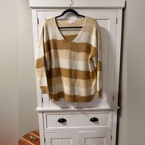 Striped V-Neck Sweater - Tan and Cream